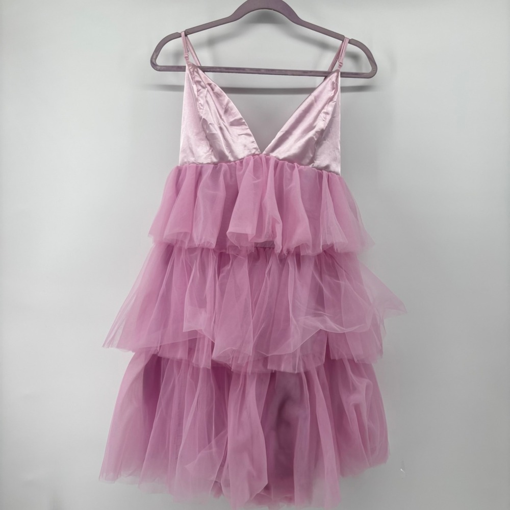 SHEIN Curve Pink Tiered Tulle Mini Dress Satin V-Neck 1XL